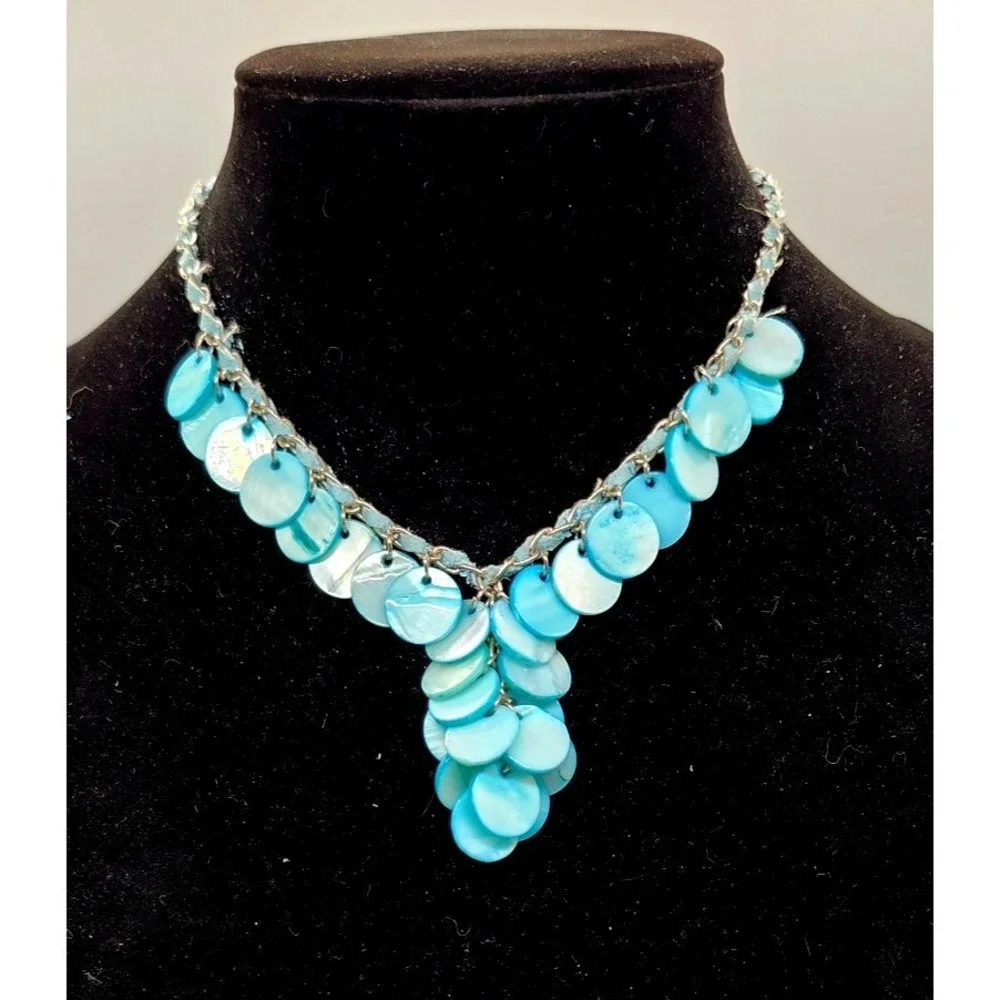 Fashion Shell Statement Necklace Lariat Blue Layer Style Silver Tone Necklace